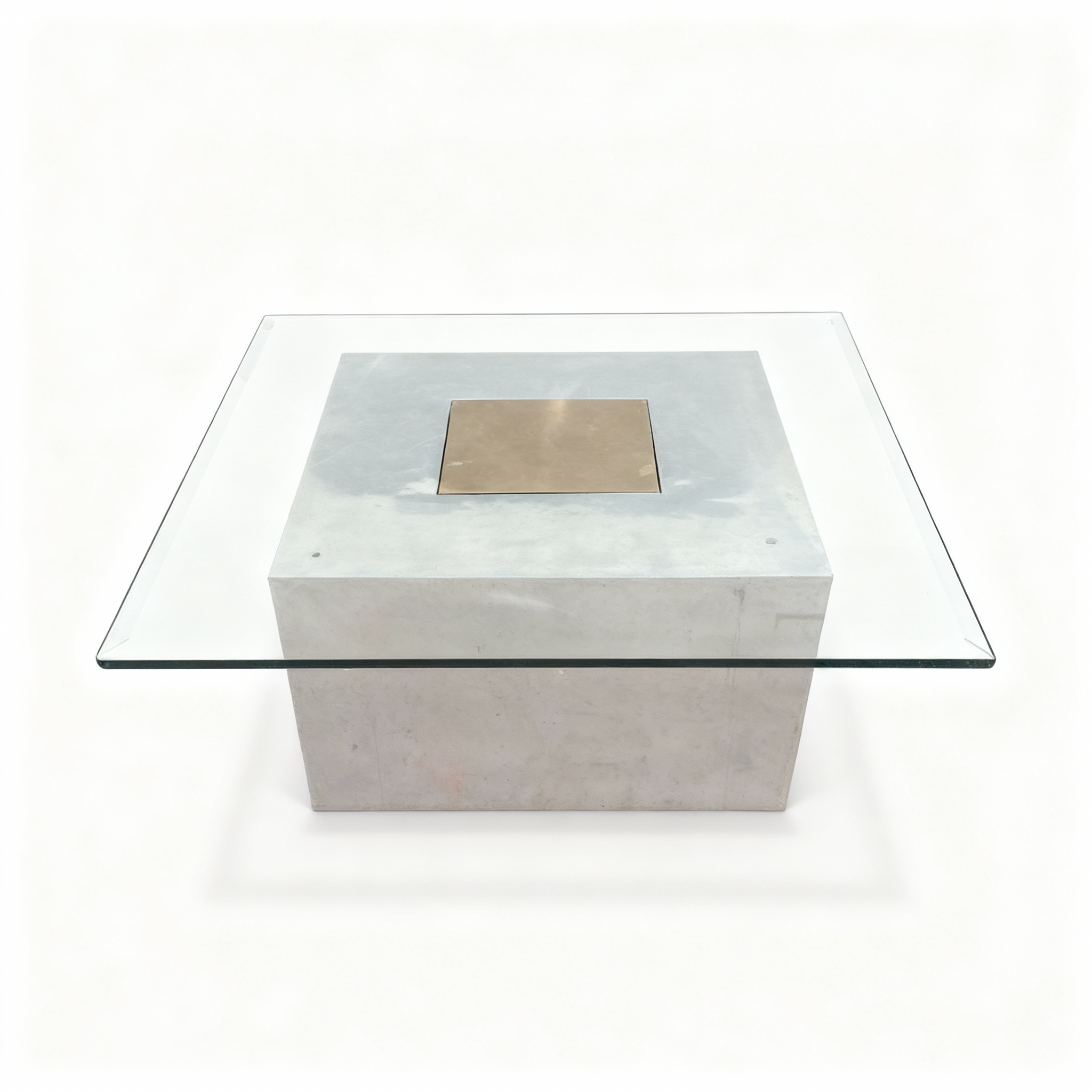 Square tempered glass coffee table (100x100x40cm) with a massive cubic base featuring a sophisticated metallic inset in aluminum and polished gold tones