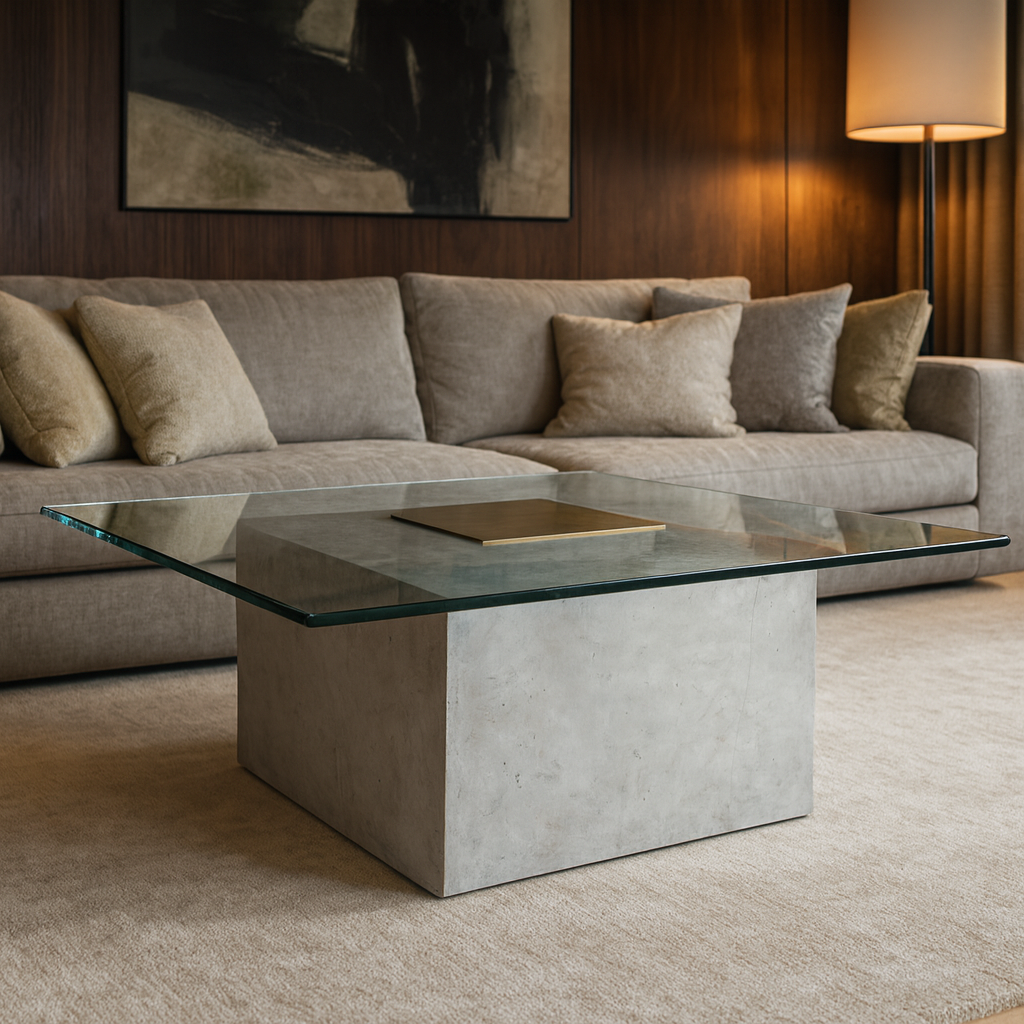 Square tempered glass coffee table (100x100x40cm) with a massive cubic base featuring a sophisticated metallic inset in aluminum and polished gold tones