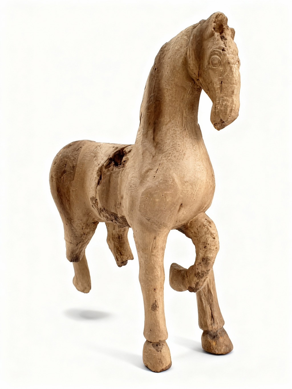 Aged terracotta horse statuette, Tang style, with cracks on dark base