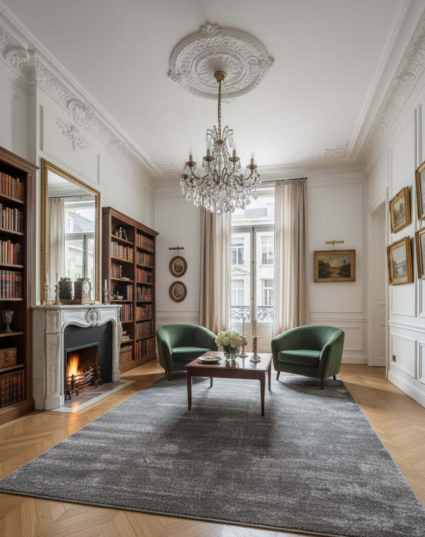 Tapis rectangulaire à poils courts de grande taille, couleur gris foncé/anthracite, avec un motif abstrait de style vintage ou délavé. Dimensions 250x300cm.
