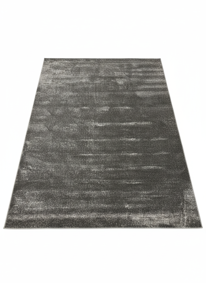 Tapis rectangulaire à poils courts de grande taille, couleur gris foncé/anthracite, avec un motif abstrait de style vintage ou délavé. Dimensions 250x300cm.