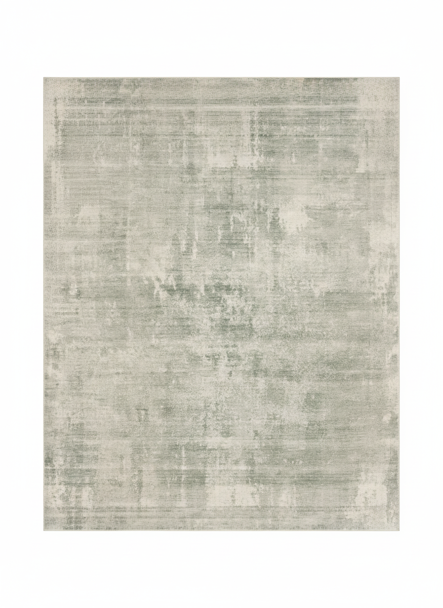 Tapis rectangulaire à poils courts de grande taille, couleur gris glaçon très clair (gris et blanc cassé), avec un motif abstrait délavé. Dimensions200x300 cm.