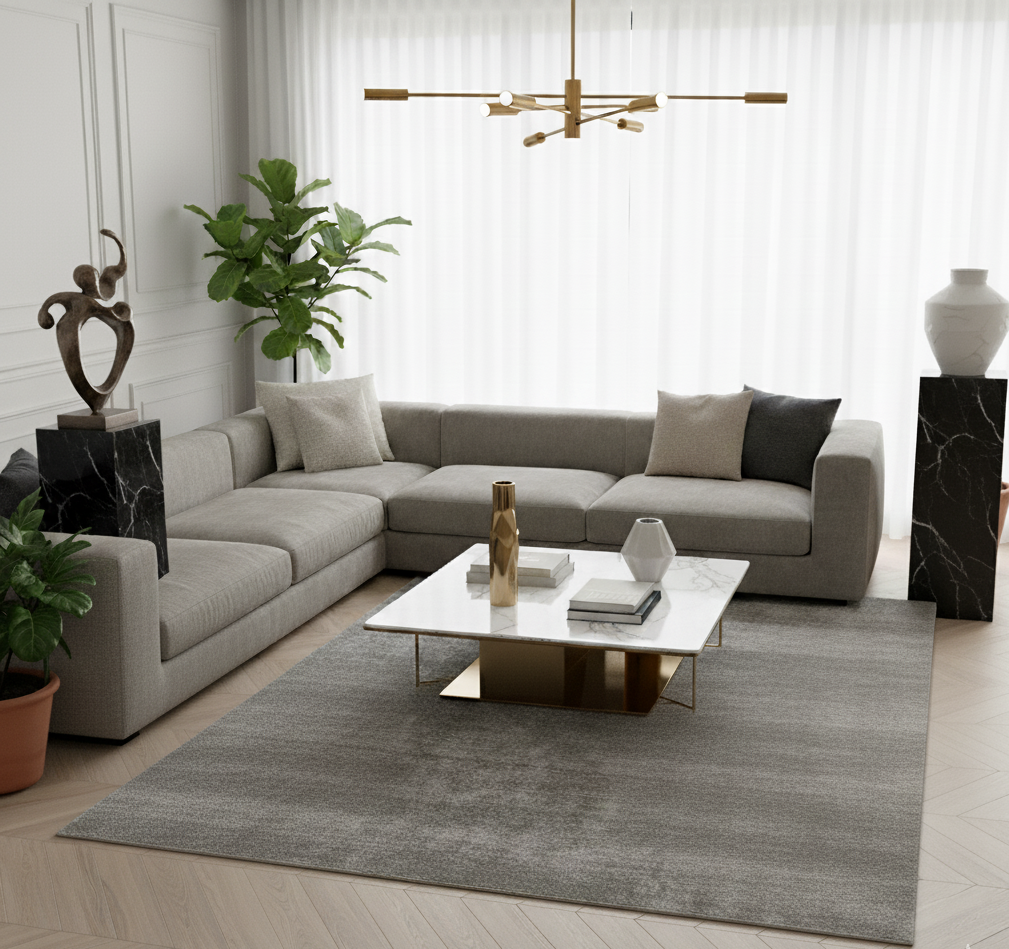 Tapis rectangulaire à poils courts de grande taille, couleur gris moyen, avec un motif abstrait subtil de style vintage ou délavé. Dimensions 200x300 cm.