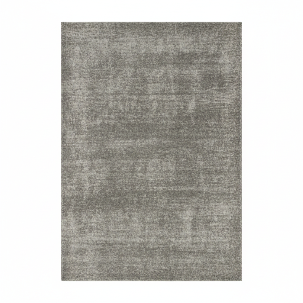 Tapis rectangulaire à poils courts de grande taille, couleur gris moyen, avec un motif abstrait subtil de style vintage ou délavé. Dimensions 200x300 cm.