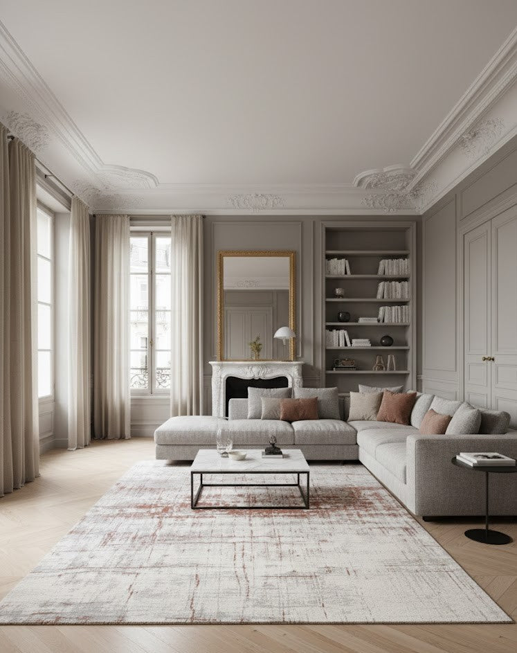 Grand tapis moderne blanc neige avec motifs abstraits rouille et gris, tissé à plat, dimensions 200x300 cm, pièce unique Outlet Rivet-Lozano n°51.