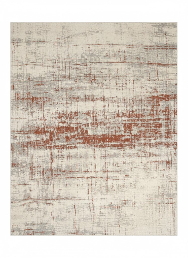 Grand tapis moderne blanc neige avec motifs abstraits rouille et gris, tissé à plat, dimensions 200x300 cm, pièce unique Outlet Rivet-Lozano n°51.