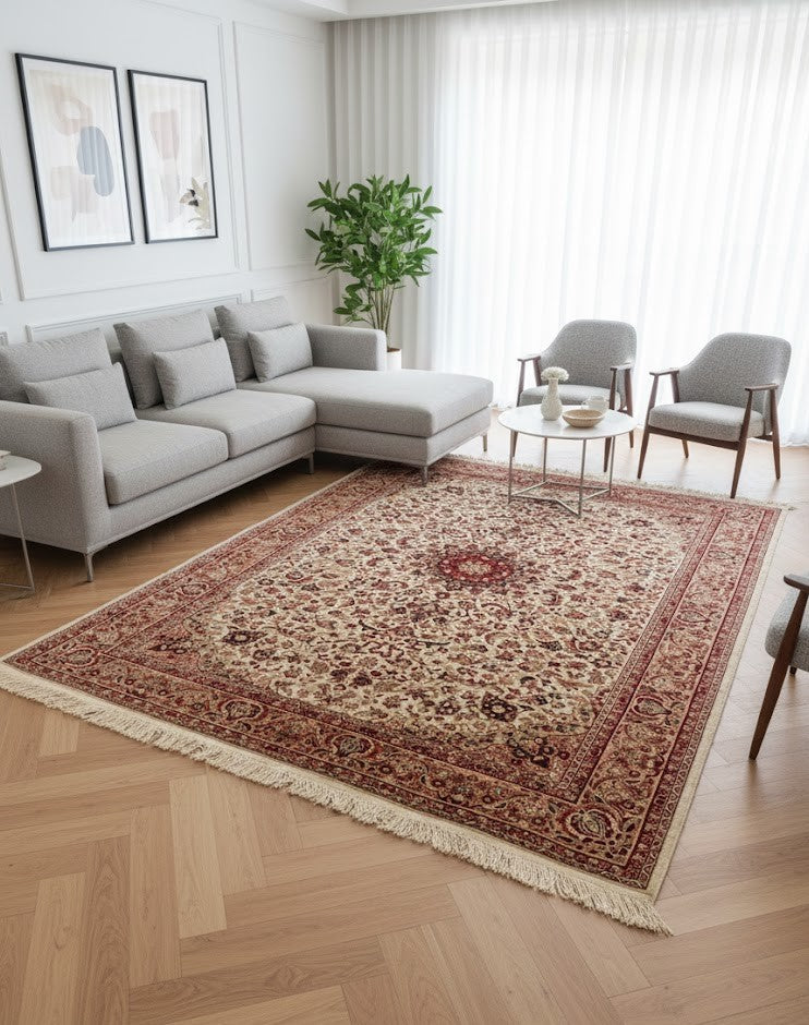 Fringe and floral motif detail of the classic red and cream oriental rug, 150x200cm