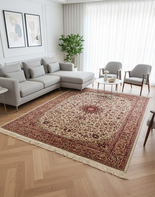 Fringe and floral motif detail of the classic red and cream oriental rug, 150x200cm