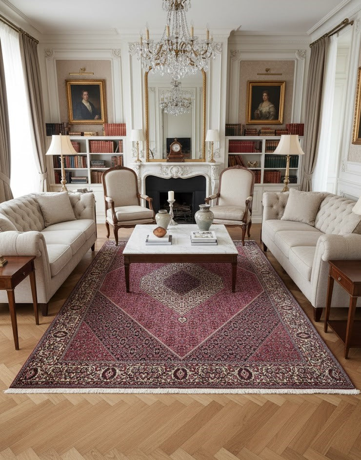 Tapis rectangulaire de style traditionnel persan, grand format. Il présente un motif central en losange et des motifs floraux complexes dans des tons de bordeaux, rouge foncé, noir et beige. Dimensions 250x350cm.