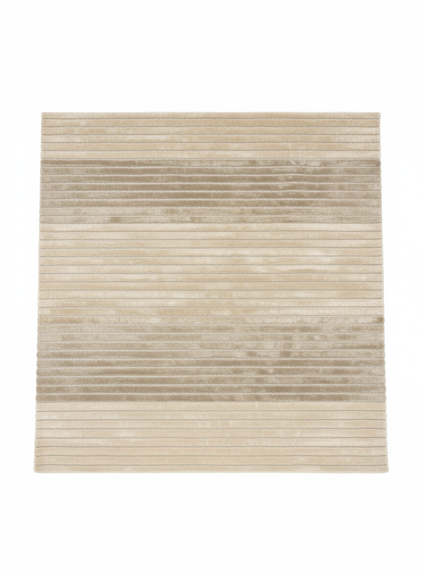 Tapis rectangulaire à poils courts de couleur beige clair et taupe, structuré par des bandes horizontales. Design moderne et minimaliste. Dimensions 170x240 cm.