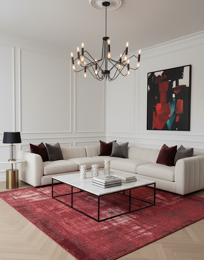 Grand tapis de salon rouge vibrant 200x300 cm, texture haute densité et style élégant, pièce unique Outlet Rivet-Lozano n°28.