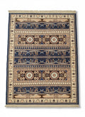 Fringed ethnic rug 150x200cm with ancient Egyptian motifs in deep blue and cream