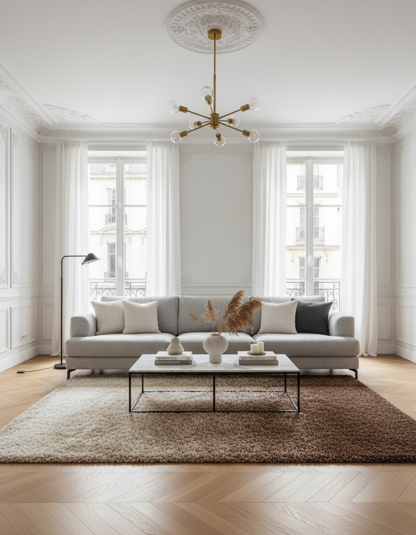 Grand tapis moderne 200x300 cm avec dégradé de couleurs allant du brun foncé au beige clair, style épuré et poil court, pièce unique Outlet Rivet-Lozano n°38.