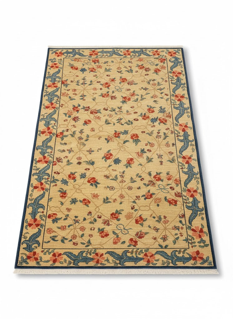Grand tapis floral multicolore jaune rouge et bleu, style classique revisité, dimensions 200x300 cm, pièce unique Outlet Rivet-Lozano n°65.