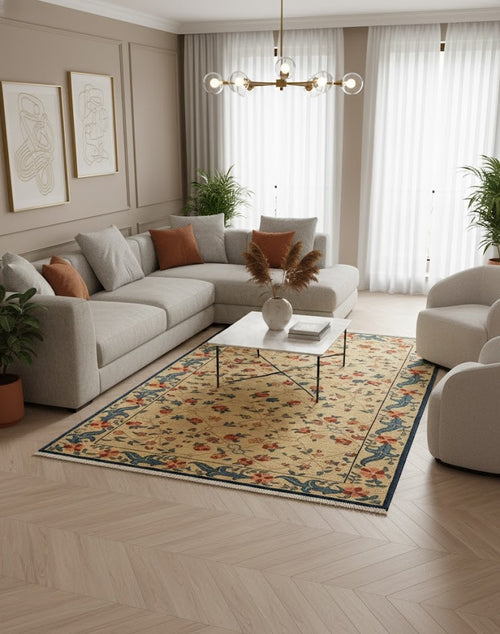 Floral pattern detail of the Chromatic Garden rug in yellow red and blue tones, 200x300cm