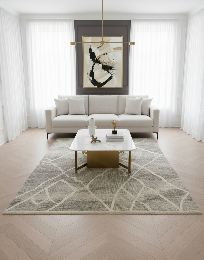 Tapis rectangulaire à poils courts de grande taille, couleur gris foncé, avec un grand motif géométrique abstrait et des lignes beige clair. Dimensions 200x300 cm.