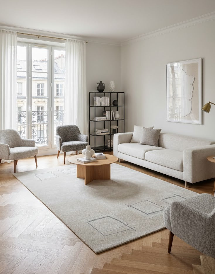 tapis rectangulaire moderne et minimaliste de couleur beige clair, orné de motifs abstraits de carrés gris foncés. Design épuré, idéal pour salon contemporain ou bureau.
