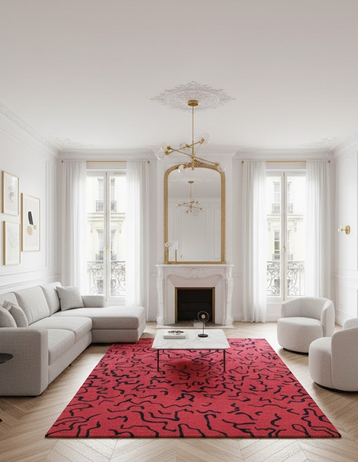 Tapis design 170x240cm rouge vif motifs abstraits noirs poil court RivetLozano