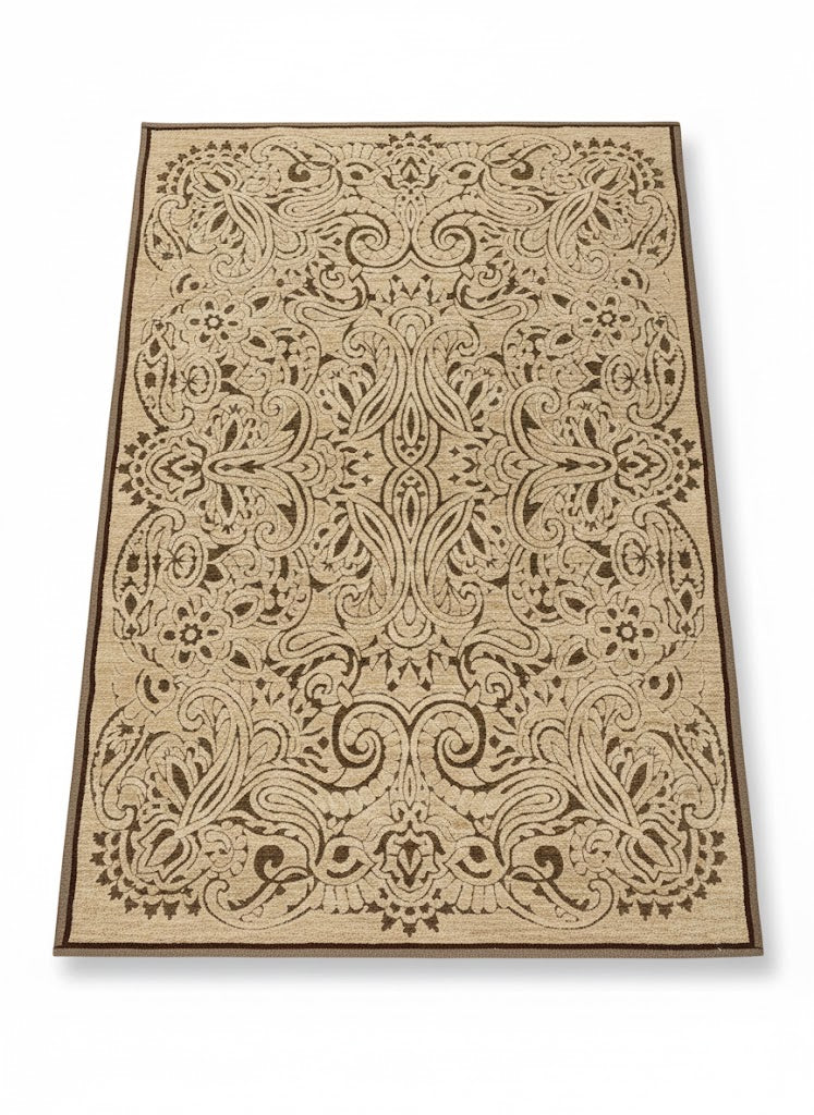 Tapis 170x240cm beige et marron à motifs arabesques cachemire RivetLozano