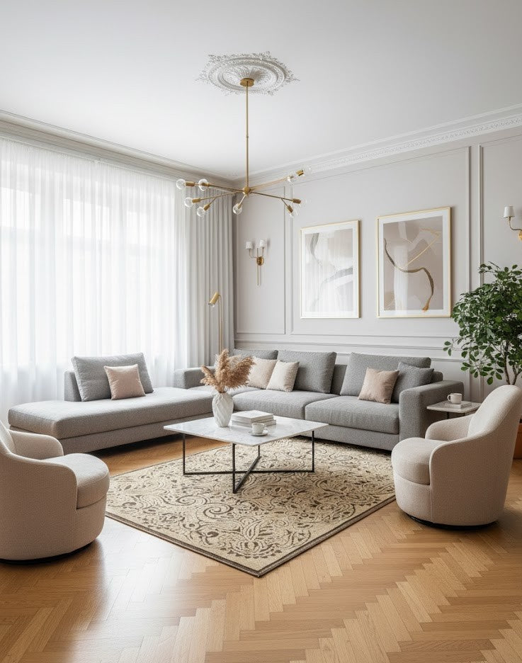 Tapis 170x240cm beige et marron à motifs arabesques cachemire RivetLozano