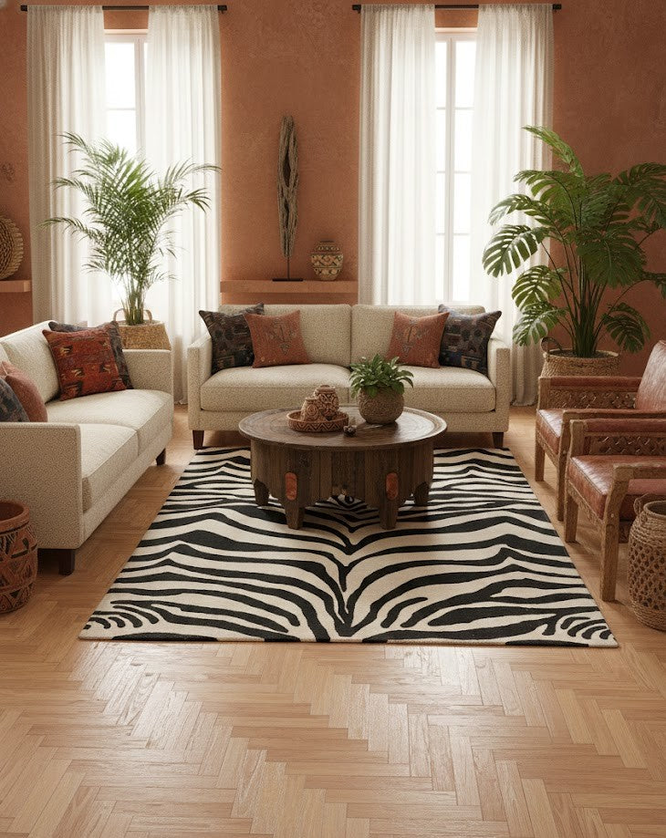 Tapis 150x200cm motifs zèbre noir et blanc poil court RivetLozano