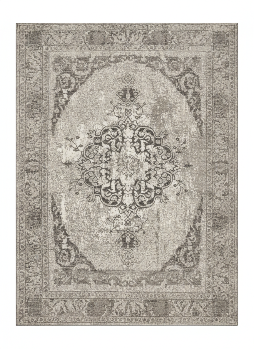 Grand tapis classique à motifs gris et blanc, 200x300 cm, style élégant et intemporel, pièce unique Outlet Rivet-Lozano n°26.