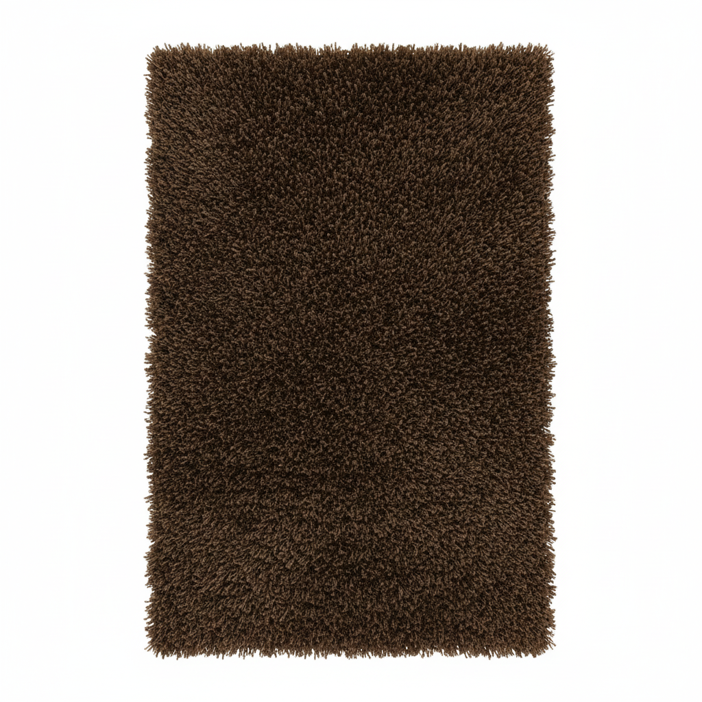 Tapis rectangulaire shaggy (poils courts) de grande taille, couleur brun foncé / chocolat uniforme. Texture très épaisse et moelleuse. Dimensions200x300 cm.
