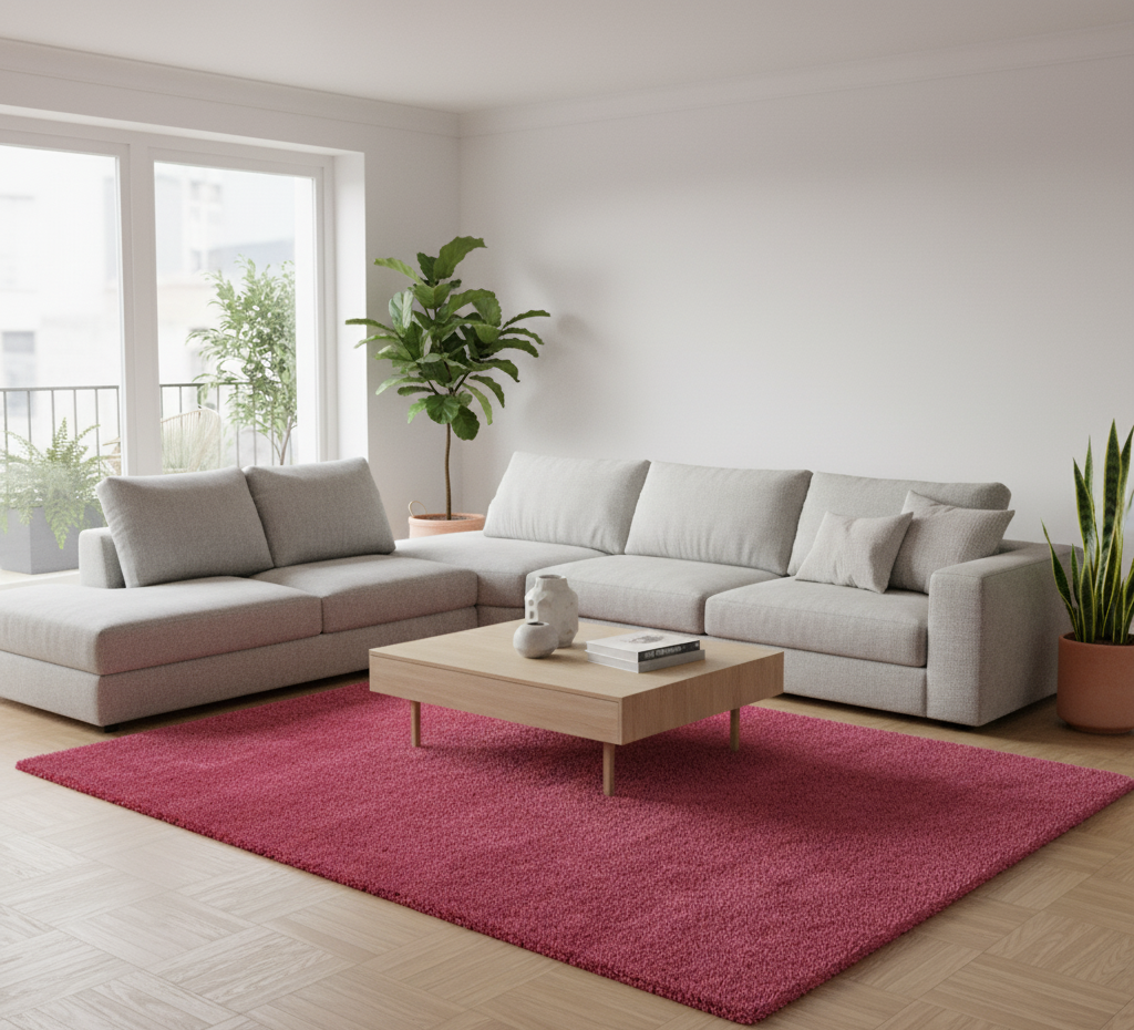 Tapis rectangulaire shaggy (poils longs) de grande taille, couleur rose fuchsia vif et uni. Texture très épaisse et moelleuse. Dimensions 200x300 cm.