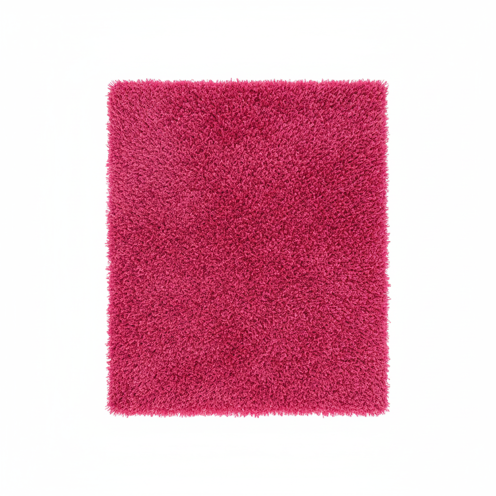Tapis rectangulaire shaggy (poils longs) de grande taille, couleur rose fuchsia vif et uni. Texture très épaisse et moelleuse. Dimensions 200x300 cm.
