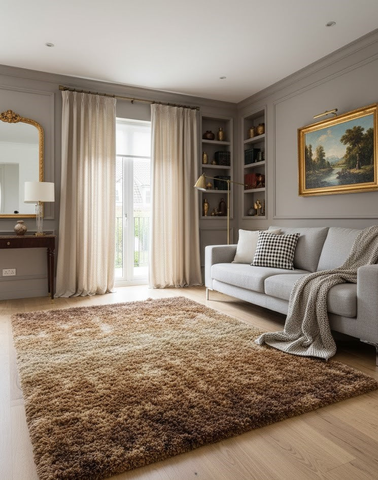 Tapis rectangulaire shaggy (poils longs) avec un dégradé de couleurs allant du brun foncé au doré/beige clair au centre. Texture très épaisse et moelleuse. Dimensions170x240 cm.