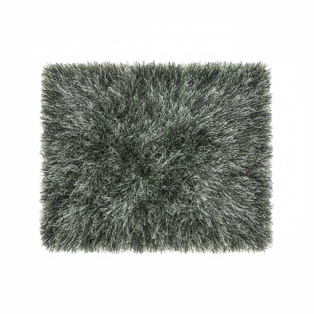 Tapis carré shaggy (poils longs) de couleur gris chiné, mélange de fibres noires et blanches. Texture très épaisse et moelleuse. Dimensions 250x250 cm.