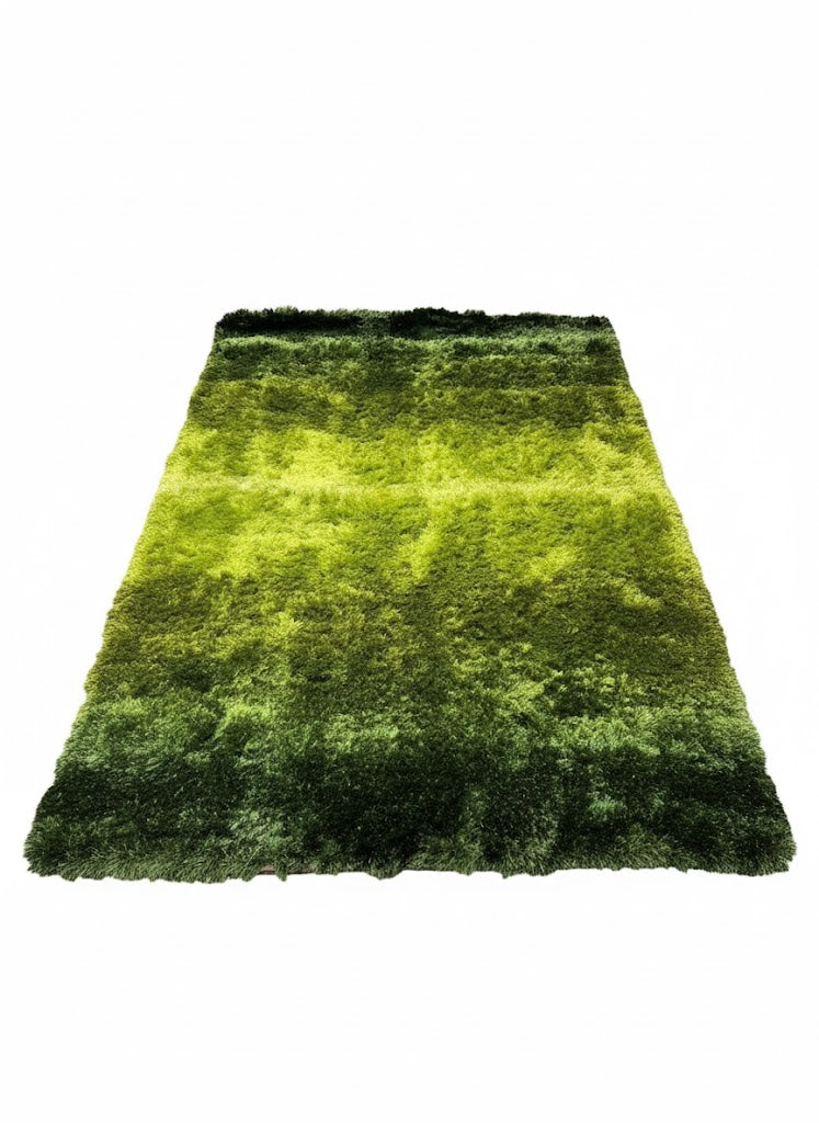 Tapis rectangulaire shaggy (poils longs) de couleur vert pomme/émeraude très vif. Texture très épaisse et moelleuse. Dimensions 170x240 cm.