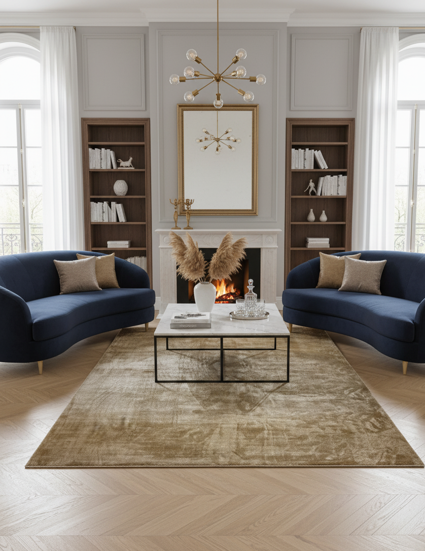 Tapis rectangulaire de grande taille, couleur ocre jaune avec des reflets dorés brillants. Texture à poils longs soyeux et lumineux. Dimensions 200x300 cm.