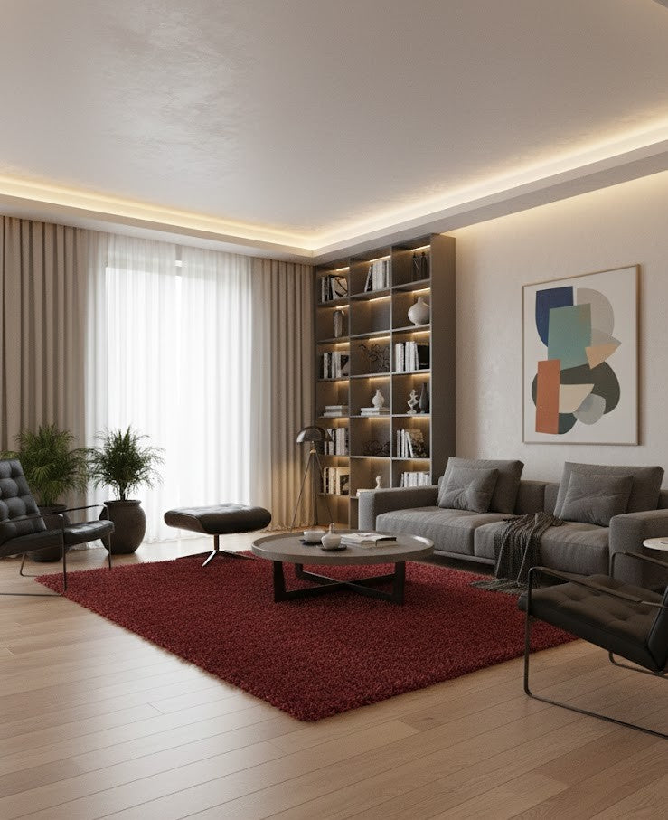 Tapis shaggy 170x240cm rouge bordeaux poils longs et épais RivetLozano