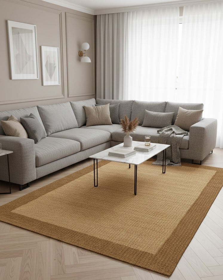 Tapis rectangulaire tissé plat de couleur beige clair avec une bordure contrastée de couleur brun moyen/foncé, créant un effet de cadre. Dimensions 170x240 cm.