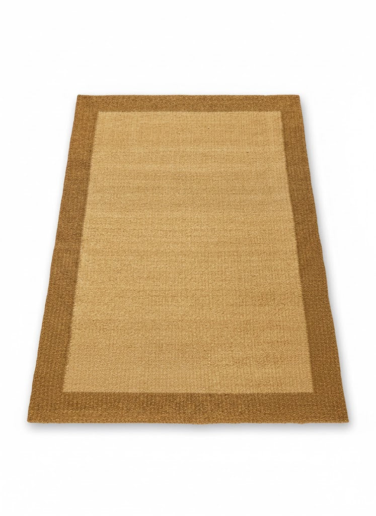 Tapis rectangulaire tissé plat de couleur beige clair avec une bordure contrastée de couleur brun moyen/foncé, créant un effet de cadre. Dimensions 170x240 cm.