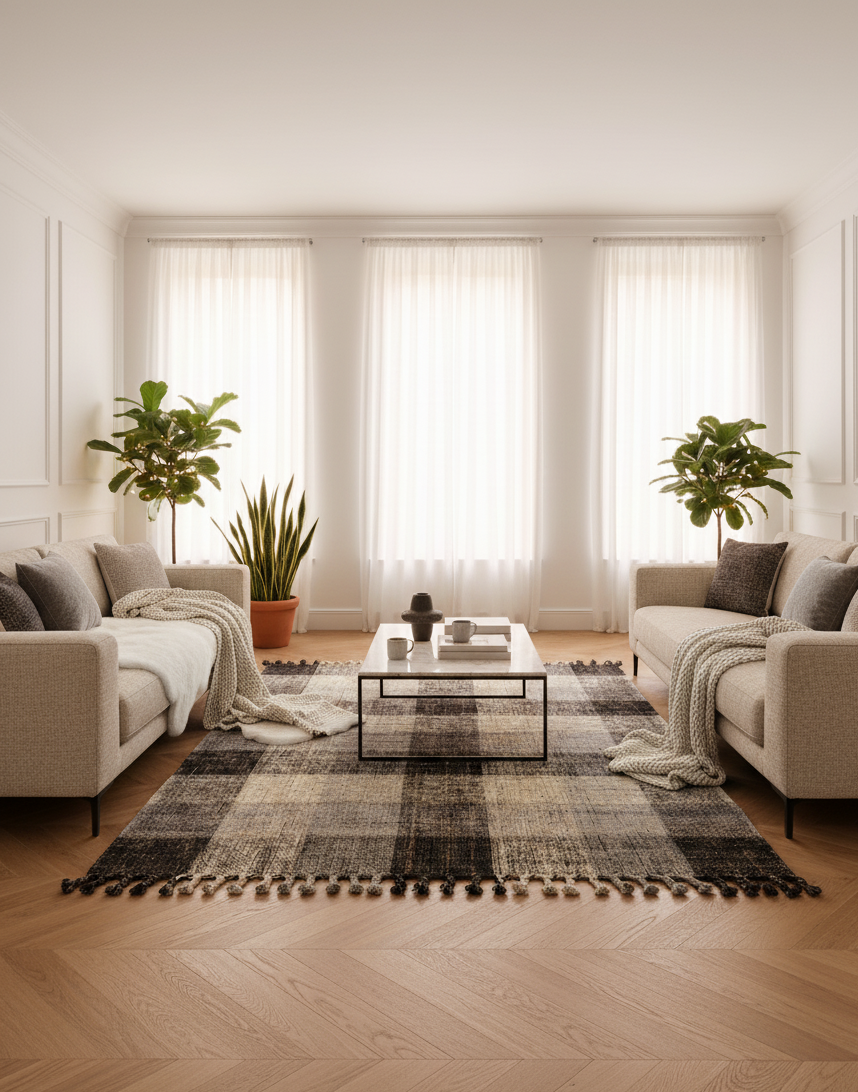 Plaid check pattern and fringe detail of the vintage tartan flat-weave rug, 200x300cm