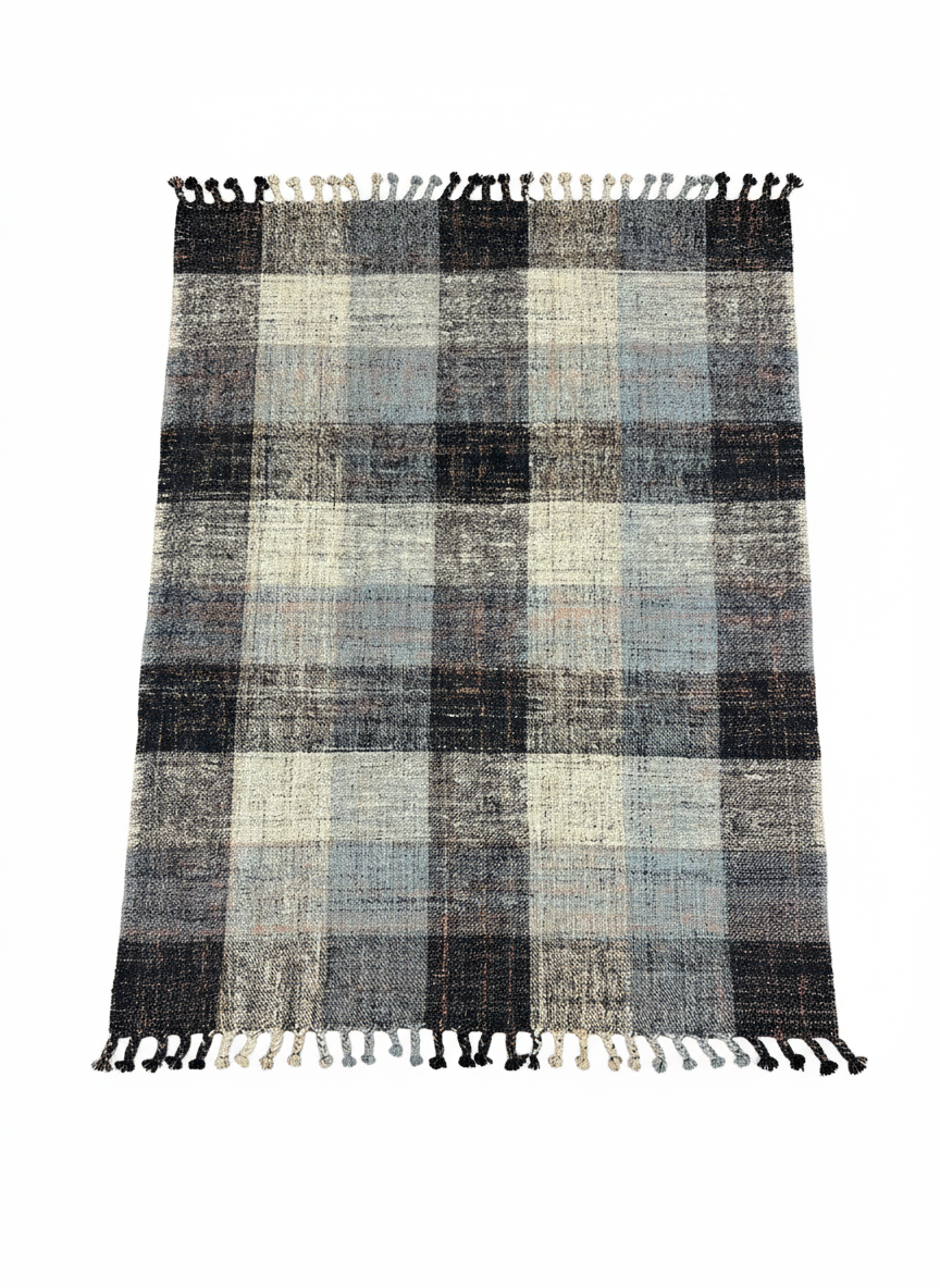 Vintage Tartan flat-weave rug 200x300cm in grey black and beige plaid with decorative fringes