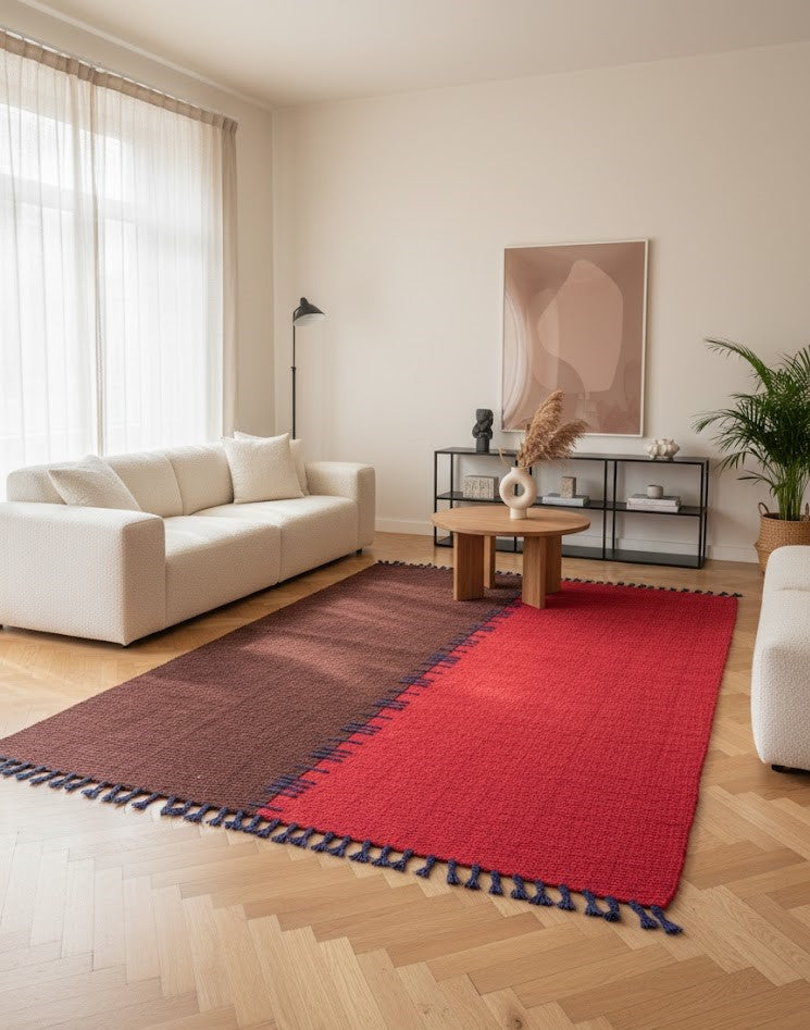 Tapis rectangulaire tissé plat, bicolore rouge vif et brun foncé, avec une démarcation centrale décorée de fines franges bleues. Dimensions $170 \times 240 \text{ cm}$
