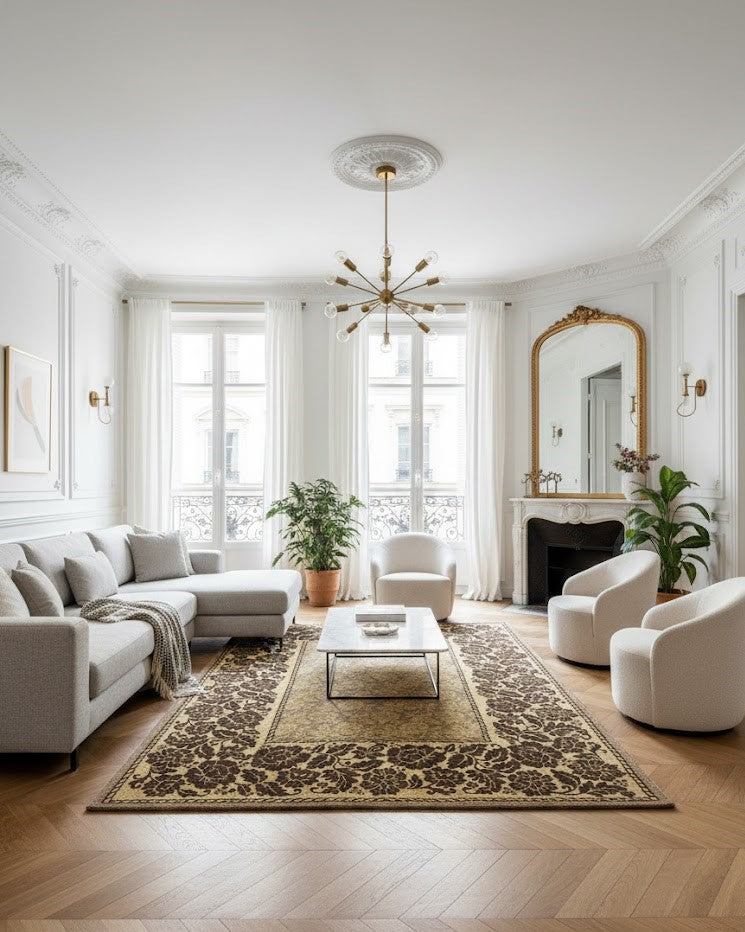 Tapis rectangulaire tissé plat avec un motif de fleurs classiques dans des tons de brun foncé et de beige doré. Bordure décorative. Dimensions 170X240 cm.