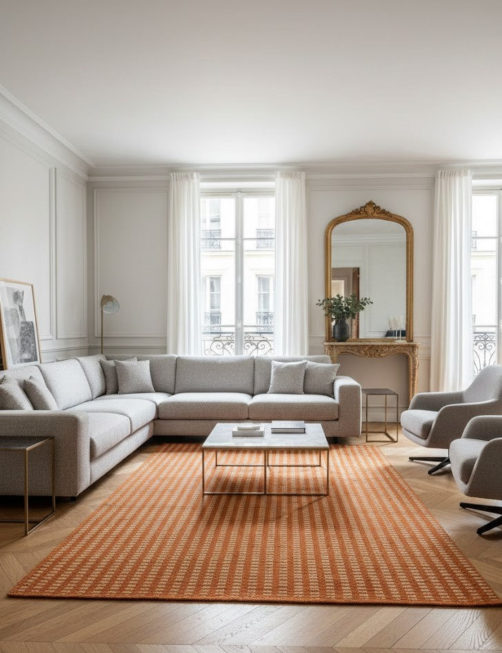 Striped weave texture detail of the terracotta and beige flat-weave rug, 150x200cm