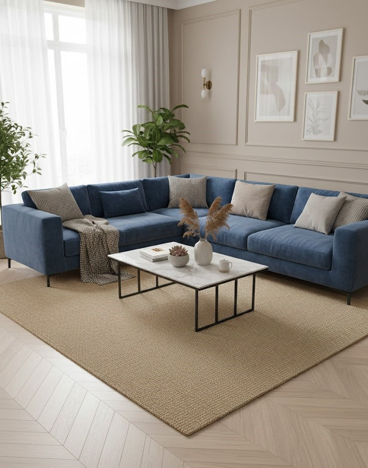 Tapis rectangulaire tissé plat de couleur beige clair uni. Design simple et épuré, idéal pour un intérieur minimaliste. Dimensions 170x240 cm.