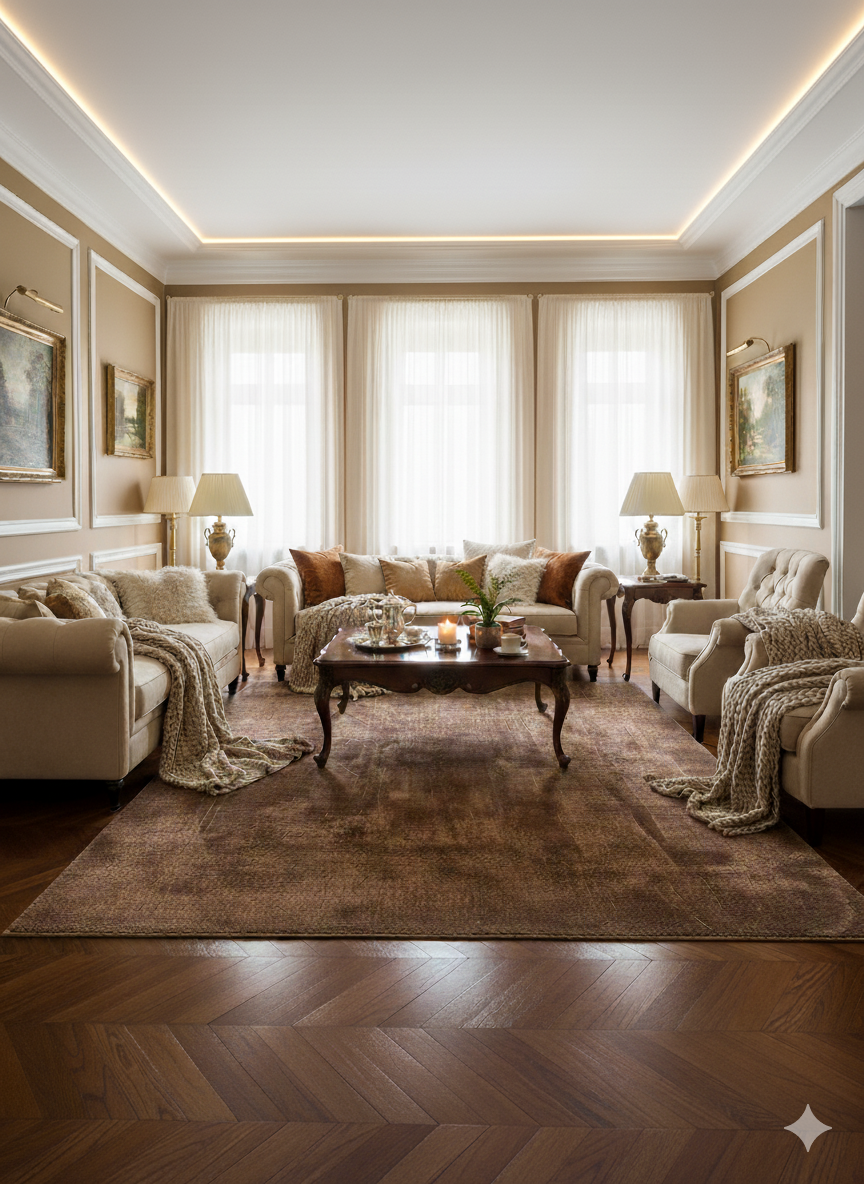 Tapis rectangulaire à poils courts de couleur brun moyen uni, avec des reflets subtils. Texture dense et aspect velouté. Dimensions 250x300cm.