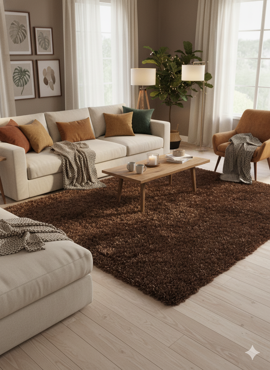 Tapis rectangulaire à poils courts de couleur brun foncé uni (chocolat). Texture dense et veloutée. Dimensions 200x240 cm.