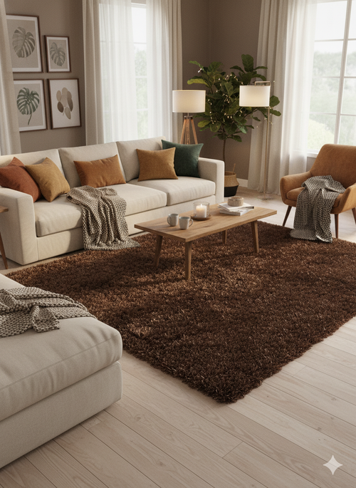 Dense velvet-finish texture detail of the deep chocolate brown rug, 200x240cm
