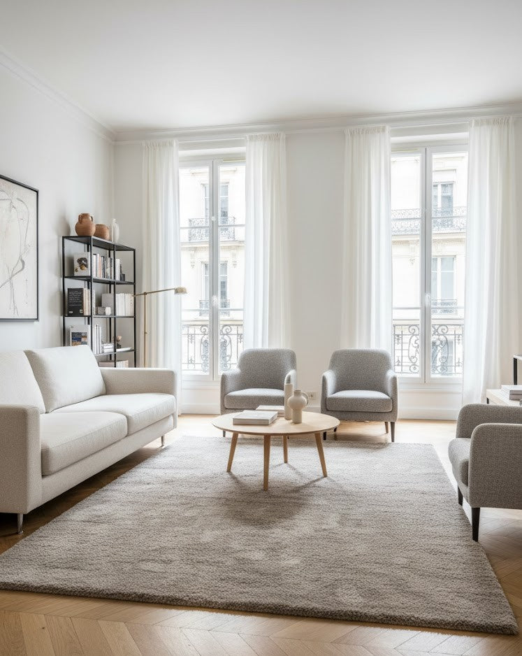 Tapis rectangulaire à poils courts de couleur gris clair uni. Coupe dense et aspect velouté. Dimensions 200x300 cm.