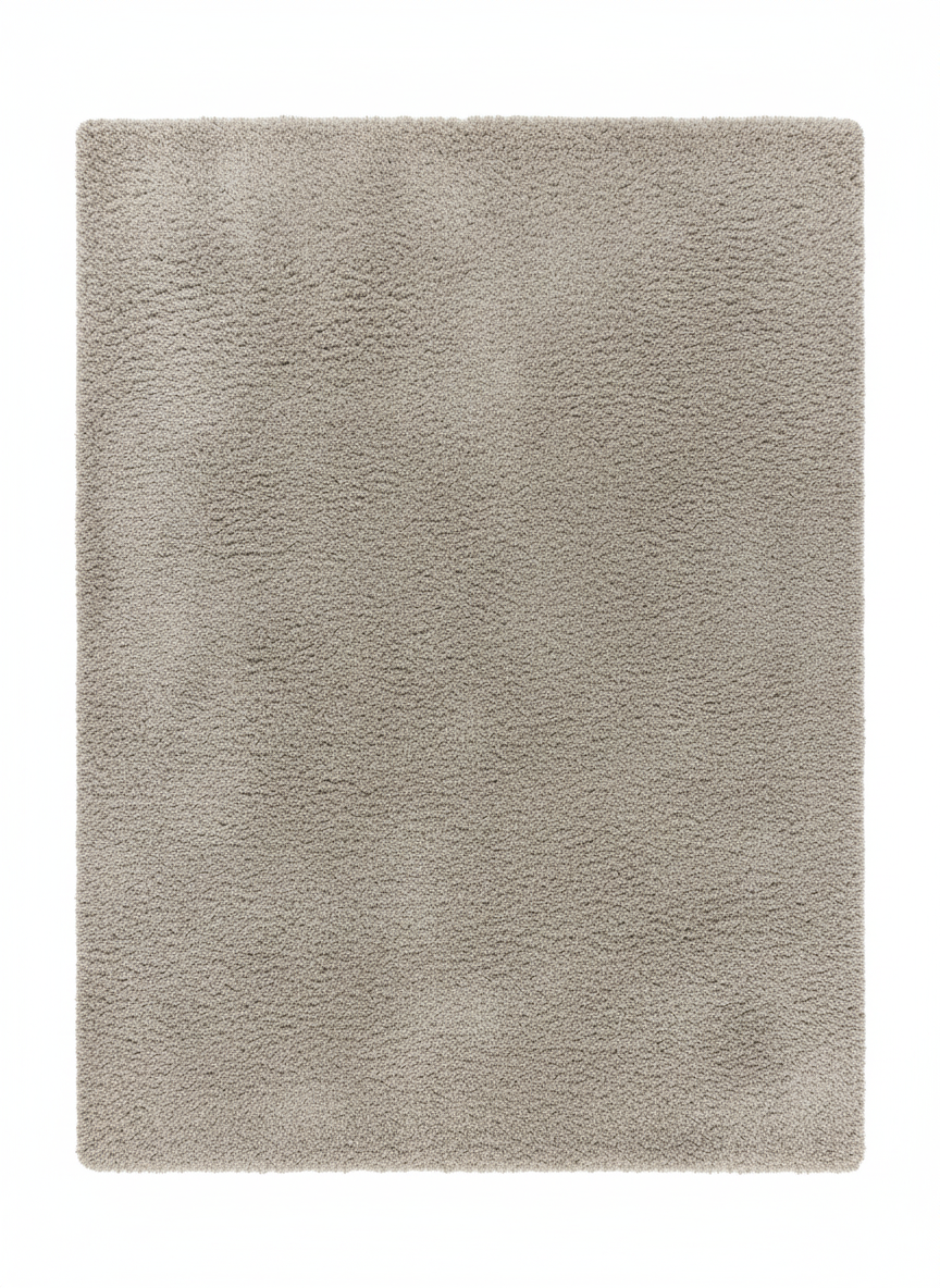 Tapis rectangulaire à poils courts de grande taille, couleur gris souris clair uni. Texture dense, douce et lumineuse. Dimensions 200x300 cm.