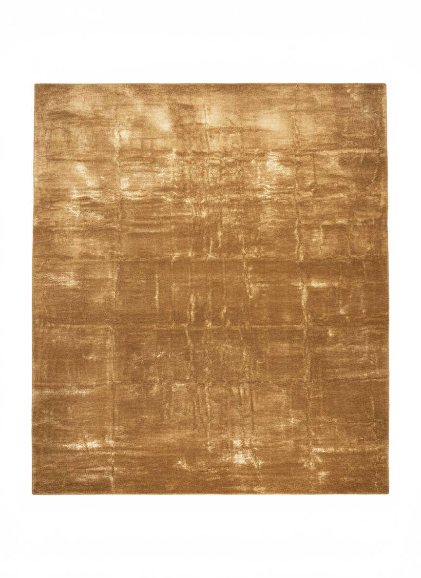 Tapis rectangulaire à poils courts de grande taille, couleur doré chaud / ocre lumineux. Texture dense avec de légers reflets satinés. Dimensions200x300 cm.