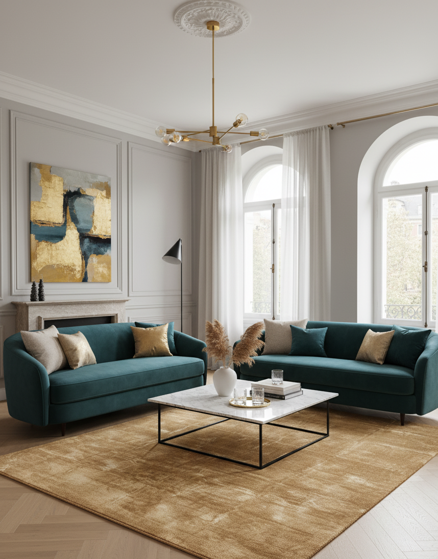 Tapis rectangulaire à poils courts de grande taille, couleur doré chaud / ocre lumineux. Texture dense avec de légers reflets satinés. Dimensions200x300 cm.