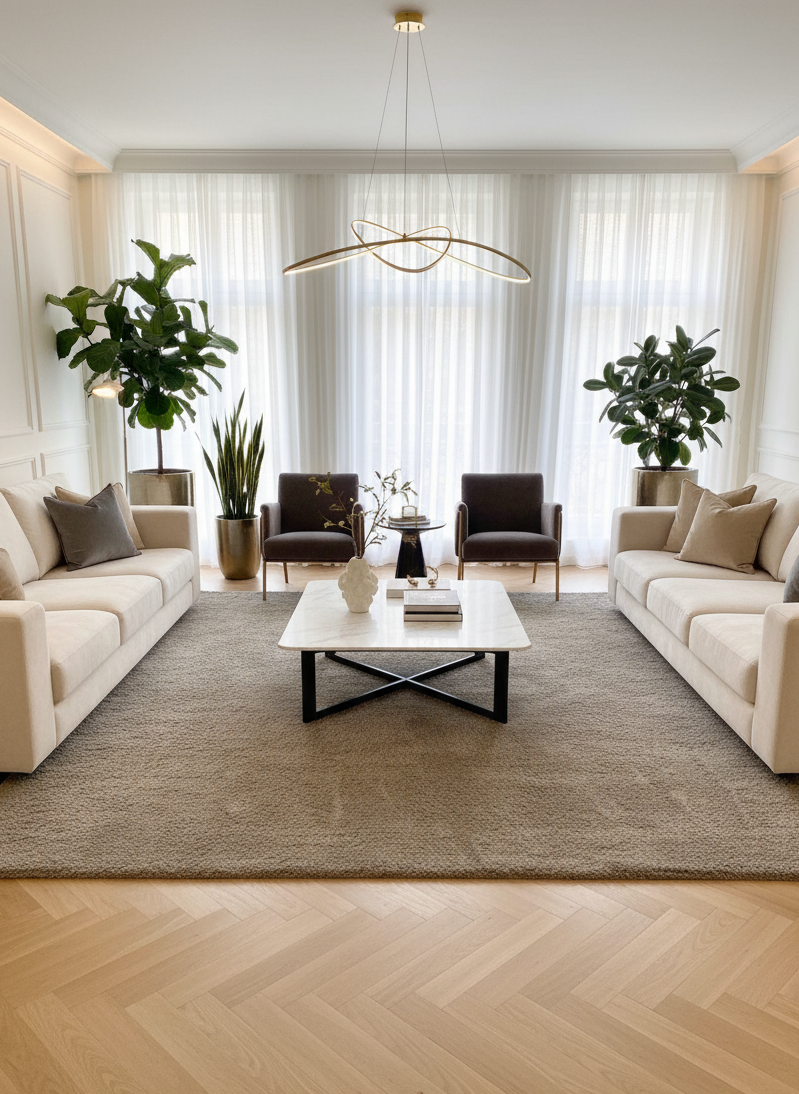 Tapis rectangulaire à poils courts de grande taille, couleur taupe uniforme (gris-brun). Texture dense et aspect velouté. Dimensions 200x300 cm.